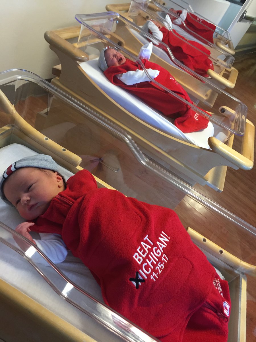 OSUWexMed's tweet photo. At #OSUWexMed, we have the cutest fans in the land! This week (11/20-11/25), all #BuckeyeBabies born at our hospital will receive a "#BeatMichigan" sleep sack &amp; hat to wear while they cheer on @OhioStAthletics this Saturday! #GoBucks #BeatTTUN https://t.co/8dcn5yZKI0