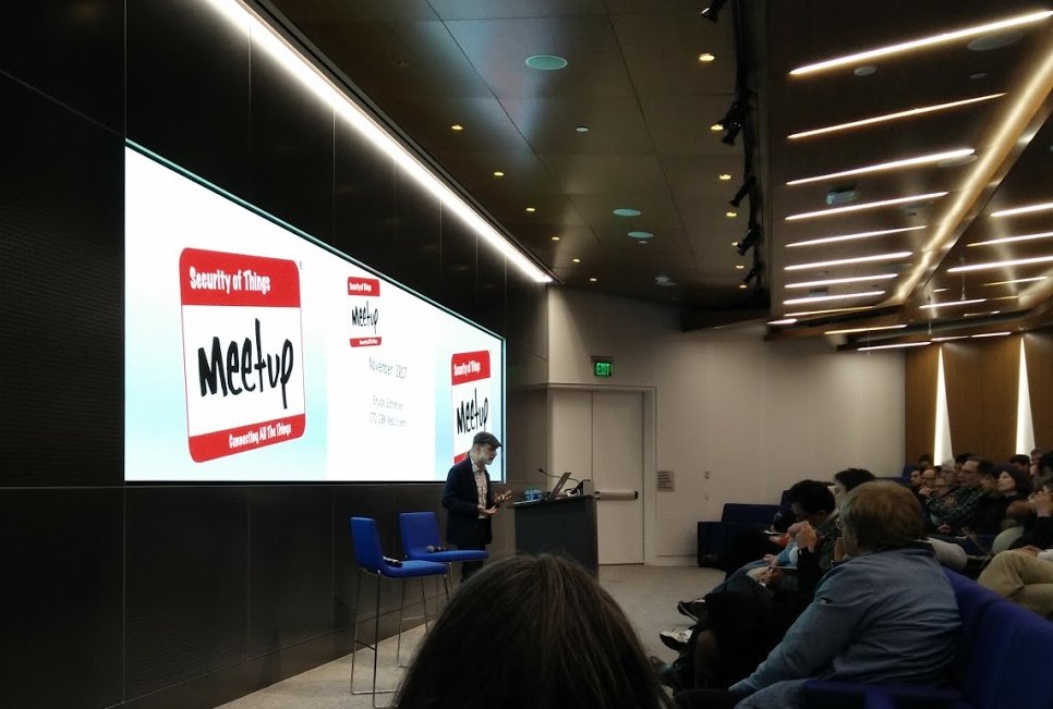 Saw an amazing (and sobering) talk on the state of security with a focus on IoT by Bruce Schneier (<a href="/schneierblog/">Schneier Blog</a>) last night at the Security of Things (<a href="/secthings/">securityofthings</a>) meetup in Cambridge.  He made a compelling case for government regulation of the IoT -- lots to think about!