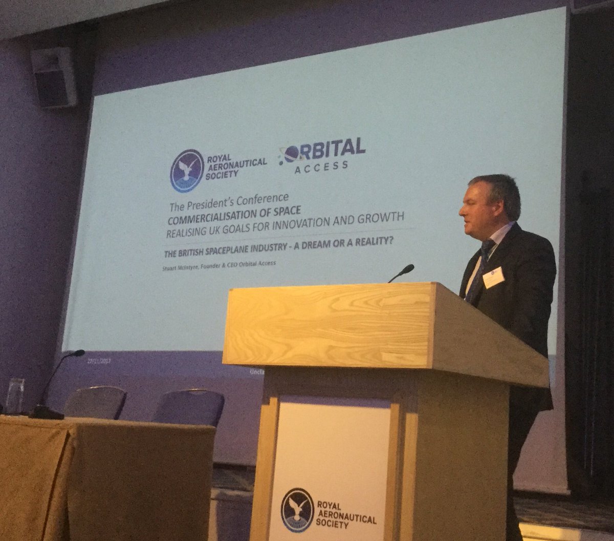 SpaceCornwall's tweet photo. Stuart McIntyre @OrbitalAccess talking at @AeroSociety #Space17 about value of indigenous #UKLaunch capability and supply and need to sustain investment. #Spaceport https://t.co/qtTBhPALjJ