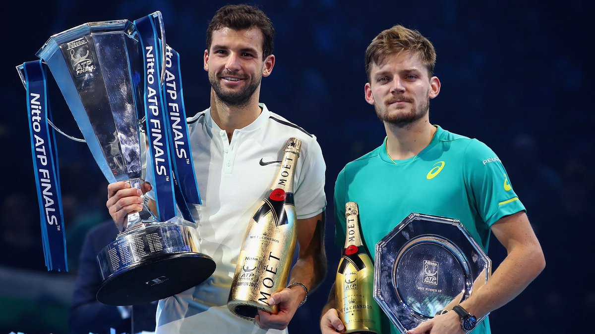 atptour's tweet photo. Watch Moët Moment as @GrigorDimitrov celebrates clinching the #NittoATPFinals crown at @TheO2 in London. https://t.co/JyCvNFf1l7 https://t.co/z6urNZEkJV