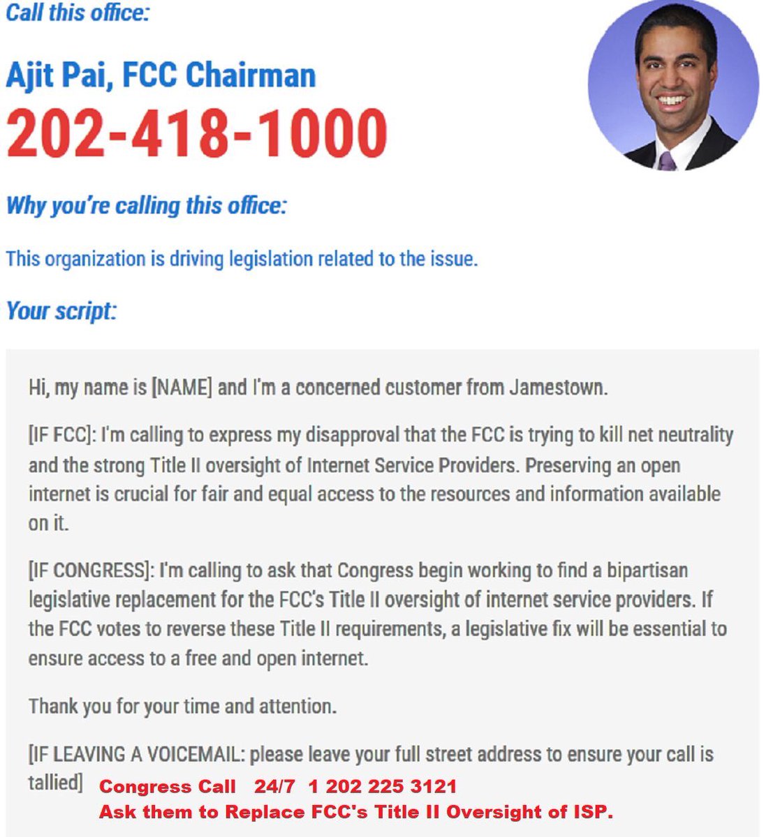 ProudSocialist's tweet photo. 3 Ways to Help Save #NetNeutrality
- Call the FCC 
- Call Congress
- Sign the petition: https://t.co/GePqHiVhfn https://t.co/A0puo9tswU