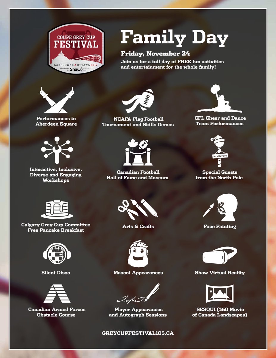 NCAFA.TV (@ncaffilms) on Twitter photo If you're looking for something to do on the PD Day with the family, why not come check out the <a href="/GreyCupFestival/">The Grey Cup Festival</a> Family Day activities <a href="/TD_Place/">TD Place</a>!
Best part is it's all free! Plus there may be a few <a href="/REDBLACKS/">Ottawa REDBLACKS</a> players helping out in the afternoon... HINT HINT If you're looking for something to do on the PD Day with the family, why not come check out the <a href="/GreyCupFestival/">The Grey Cup Festival</a> Family Day activities <a href="/TD_Place/">TD Place</a>!
Best part is it's all free! Plus there may be a few <a href="/REDBLACKS/">Ottawa REDBLACKS</a> players helping out in the afternoon... HINT HINT