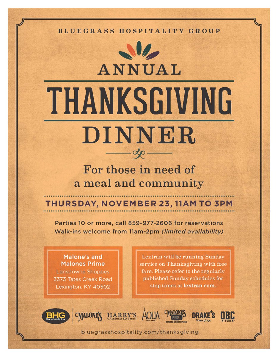 JimGrayLexKY's tweet photo. As a thank you to their riders and the community, @Lextran will be offering free rides on Thanksgiving Day. If you are in need of a meal and community, just take route 3 (Tates Creek) to Malone's. https://t.co/SvEKdXiMuu