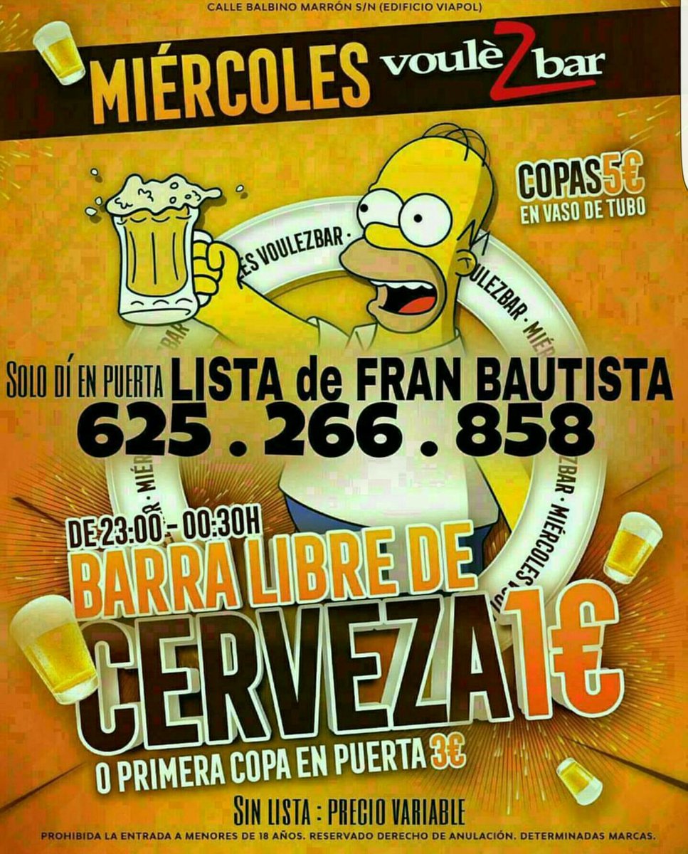 VoulezBar's tweet photo. MIERCOLES #VOULEZBAR
🍺🍻BARRA LIBRE de CERVEZA🍻GRATIS!🍺
•1° CoPa 3€!

👉Solo dí en puerta LISTA de FRAN BAUTISTA de 23.00 á 01!!
📞625-266-858 https://t.co/xXW0cUSbKx