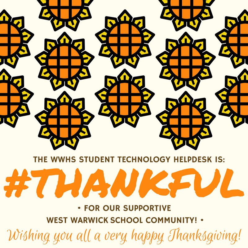 wwhsStuHelpDesk's tweet image. #thankful for the support from our @WWHSWizardPride community! Happy Thanksgiving!! #thankful #thankfulfortech #thankfulforteachers #wwpschat #thanksgivingbreak #holidayseason #techies #techlife