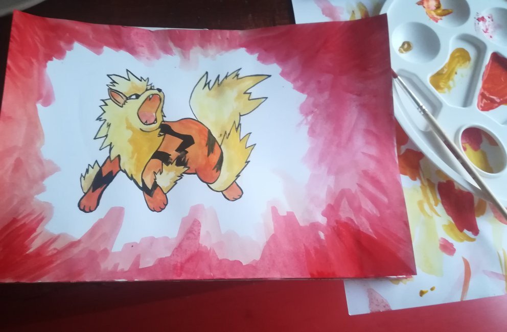 LowpolyLili's tweet photo. Arcanine from Pokémon made with watercolor , a friend of mine requested this so I was like why not. #pokemon #firetype #arcanine #dog #doggo #fluffy #watercolor #ink #fire #red #art #practice #painting #watercolorpainting #art_attack https://t.co/sUOqOi513c