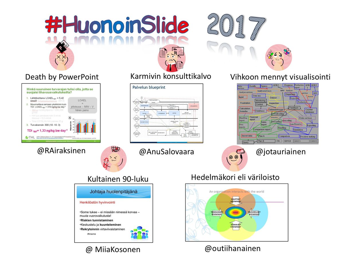 Timo_Havain's tweet photo. Tästä vielä onnittelut #HuonoinSlide2017 voittajille! @RAiraksinen @AnuSalovaara @jotauriainen @MiiaKosonen @outiihanainen. YV:kää minulle osoite, johon postitan palkinnot &amp; kunniakirjat. https://t.co/Sw2CY1VxBr
