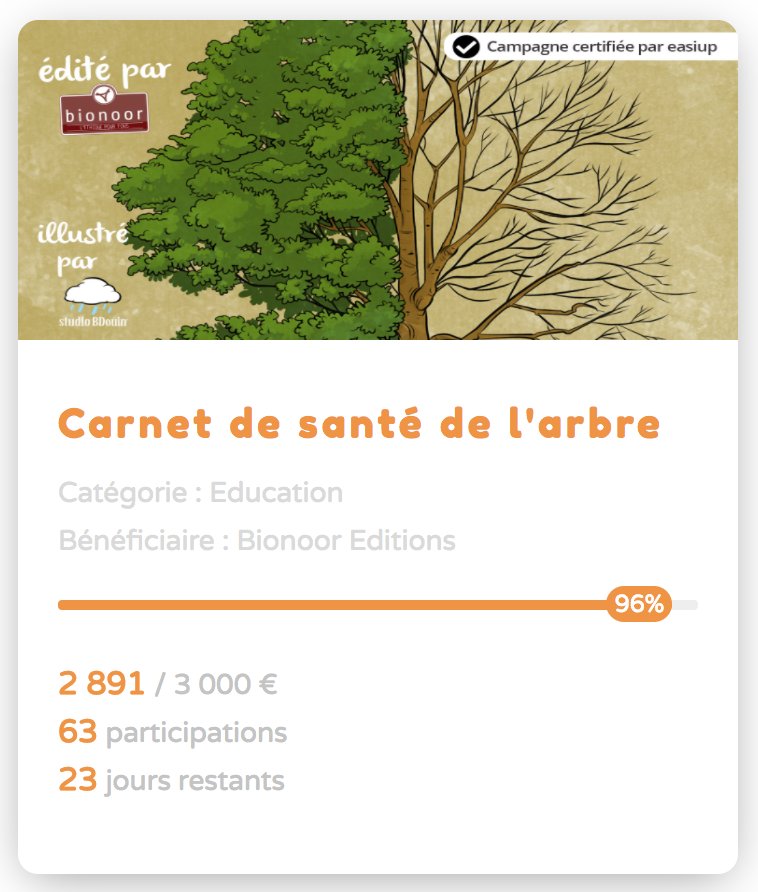 EasiUp's tweet photo. Plus que 4% pour atteindre l'objectif du CARNET DE SANTÉ DE L'ARBRE signé @bionoor !!
N'hésitez pas à partager et participer !
https://t.co/vqeUlyFmju https://t.co/eMVE9QR9b7