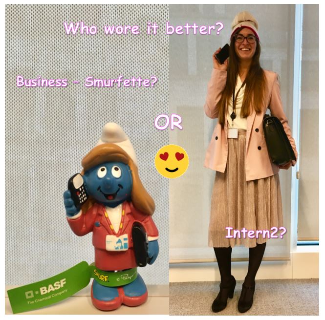 Attila_GER's tweet photo. #TeamInternship is ready for their first event of the day. Topic: Trusting #Science in an Age of Distrust. What do you think @BASF @BASF_DE : Who wore it better? Intern 2 or Business - Smurfette ? 😉 https://t.co/7Fu8r2XmWV