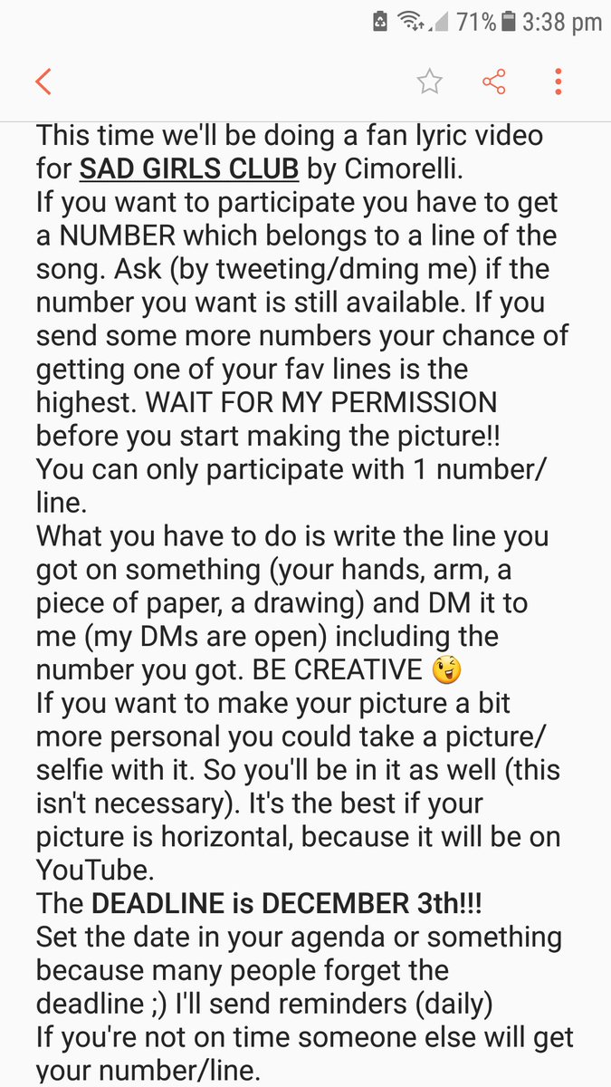 CimFanLyricVids's tweet photo. WORLDWIDE fan lyric video of Sad Girls Club! 💗
The biggest one we've done so far (83 lines!!!)

Make sure to read the instructions and remember the deadline (Dec. 3th)!!

RT TO SPREAD so everyone in the fandom knows about this project! 😊💗 https://t.co/uzsnHRva4I