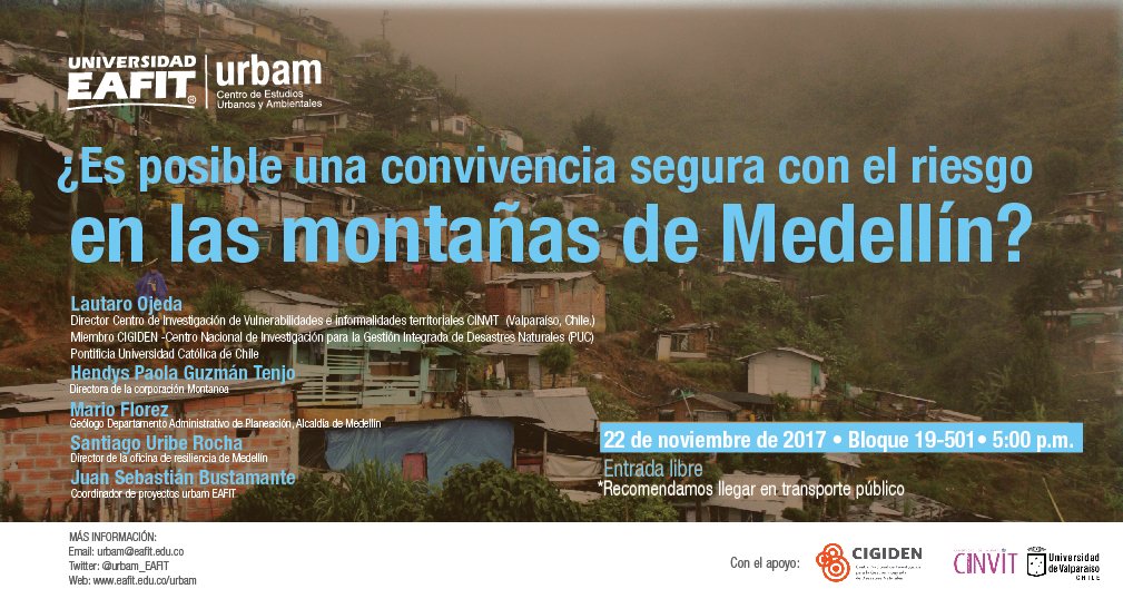 Nuestra cita es hoy. Dialoguemos sobre la convivencia segura en las montañas de Medellín con Lautaro Ojeda <a href="/CIGIDEN/">CIGIDEN</a>, Hendys Paola Guzmám <a href="/MontanoaA/">Montanoa-A</a>, Marío Florez <a href="/AlcaldiadeMed/">Alcaldía de Medellín</a>, Santiago Uribe <a href="/mderesiliente/">Medellín Resiliente</a> y Juan Sebastián Bustamante de urbam <a href="/urbam_EAFIT/">urbam</a>  #MesaUrbam