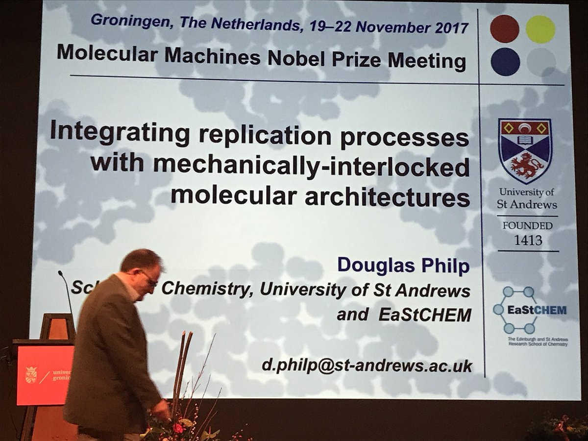 sirfrasersays's tweet photo. Douglas Philp (St Andrews) reminds us that networks are everywhere and that instructions are required to make a replicator.  He goes on to integrate replication processes with the making of a mechanically interlocked molecule, specifically a rotaxane. #MMNP @univgroningen https://t.co/w3o5aWRBM6
