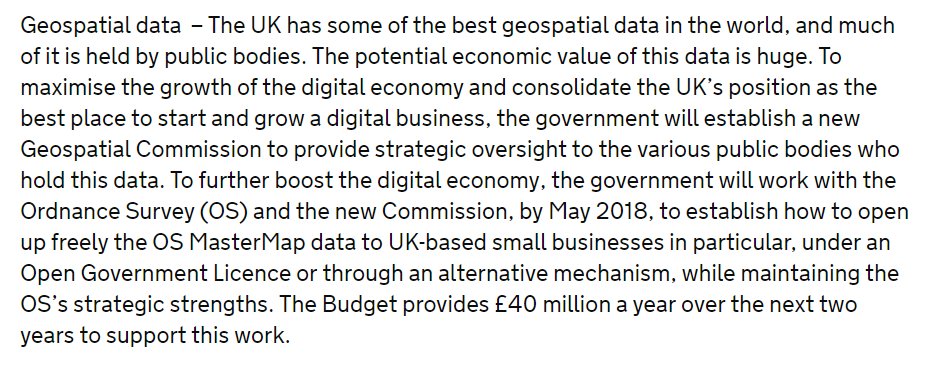Big #PropTech &amp; #opendata news in today's #Budget2017 with MasterMap, planning data and Geospatial Commission announcements gov.uk/government/pub…