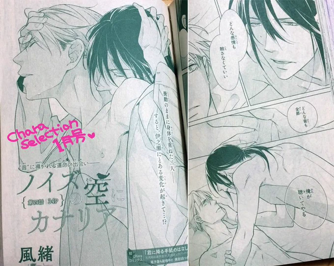 【お仕事宣伝】11/22発売 「Chara Selection 1月号(徳間書店様)」にて「ノイズの空にカナリア」連載4回目、P34掲載です。悲しみの感情を音で聞いてしまう作曲家×綺麗な音の持ち主のお話。いかがわしいトコから始まります&次回最終回だよ! どうぞよろしくお願いします〜💖 