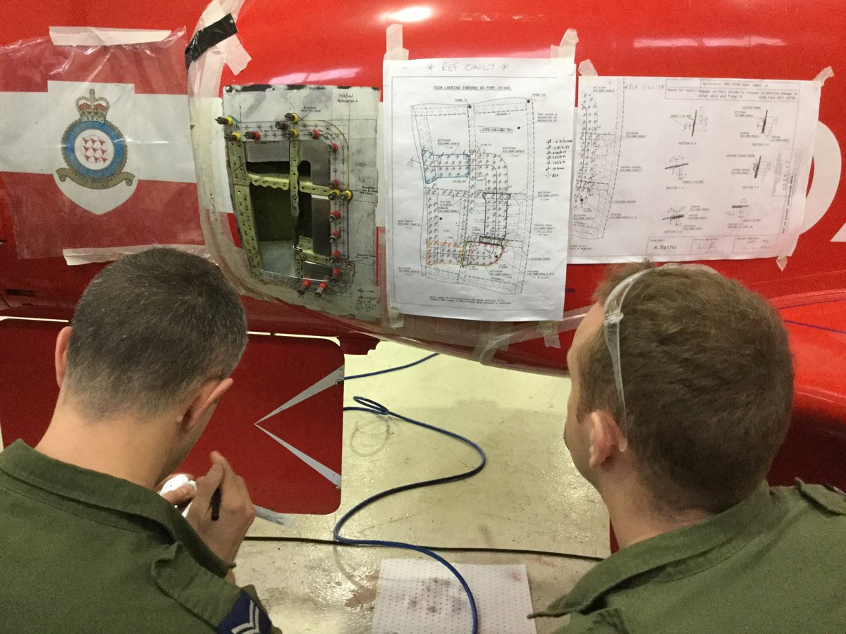 RAF_Wittering's tweet photo. 71 (IR) Sqn technicians repair Red Arrows Hawk at RAF Scampton #NoOrdinaryJob #STEM https://t.co/NMlYTpYATu https://t.co/fwVlfmeW22