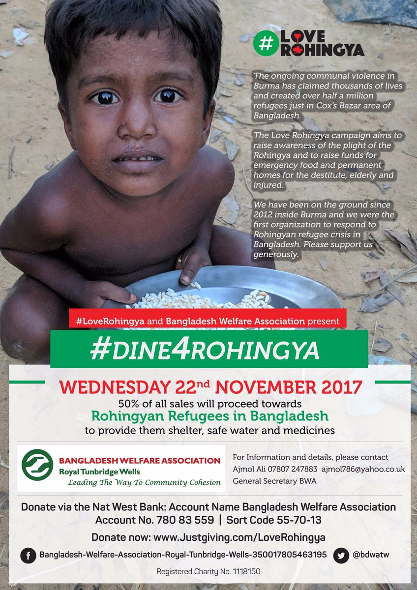 bdwatw's tweet photo. #Dine4Rohingya tonight at: @spicefusionkent @Bangkok_Lounge @AlishanTonbrdge @verandaglos @thespicegallery @TheMintRoom @viceroydunks @ViceroyYeovil @TheRoseOfBengal @taranarainham @qualitytandoori @ruhitscuisine @Bayleaf_rest @MonsoonLondon @MinarTandoori @simplyindiianwad #BWA https://t.co/VV4K7Sbx1M