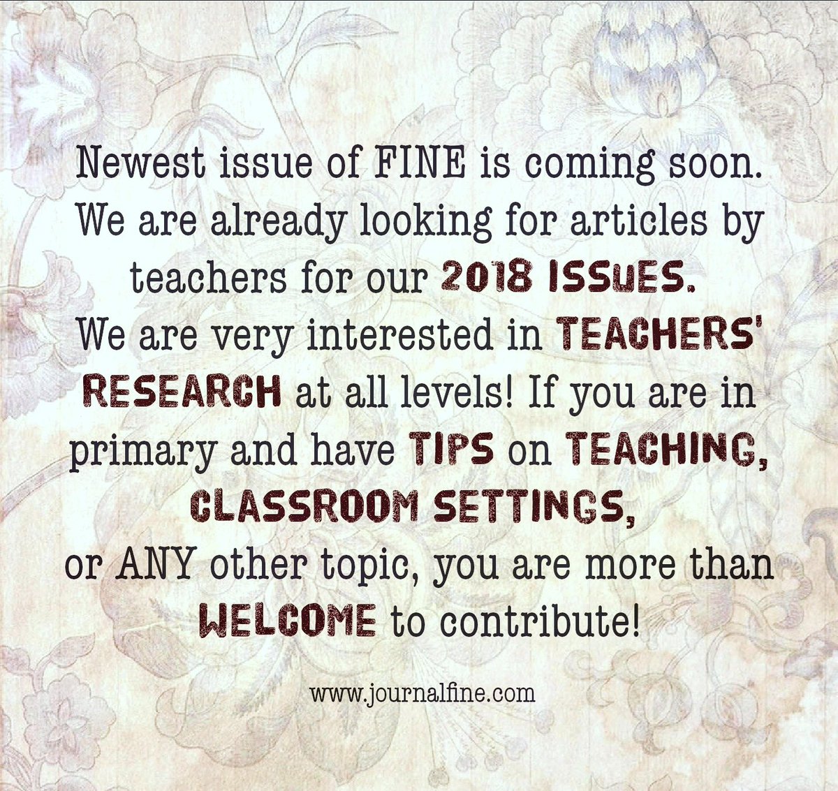 JournalFINE's tweet photo. Looking for #contributions. We want to hear from #teachers and #educators all around the world. https://t.co/d8BUAb05qD