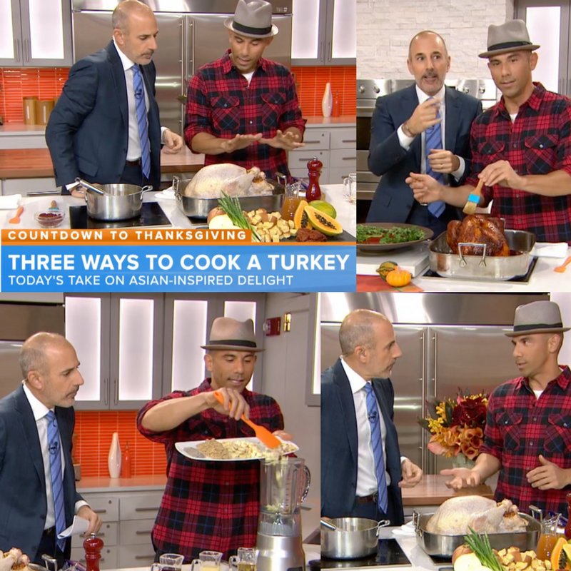 BillyDec's tweet photo. On #NBC’s @TODAYshow cooking @Sunda inspired #Thanksgiving #Turkey w/ my man @MLauer! Here’s video/recipe: https://t.co/m9LTaU3XeH (MUST TRY #Stuffing w #HawaiianBread, #Papaya, #Longanisa / #FilipinoSausage....) #HappyThanksgiving everyone! https://t.co/HA36IPXT0g