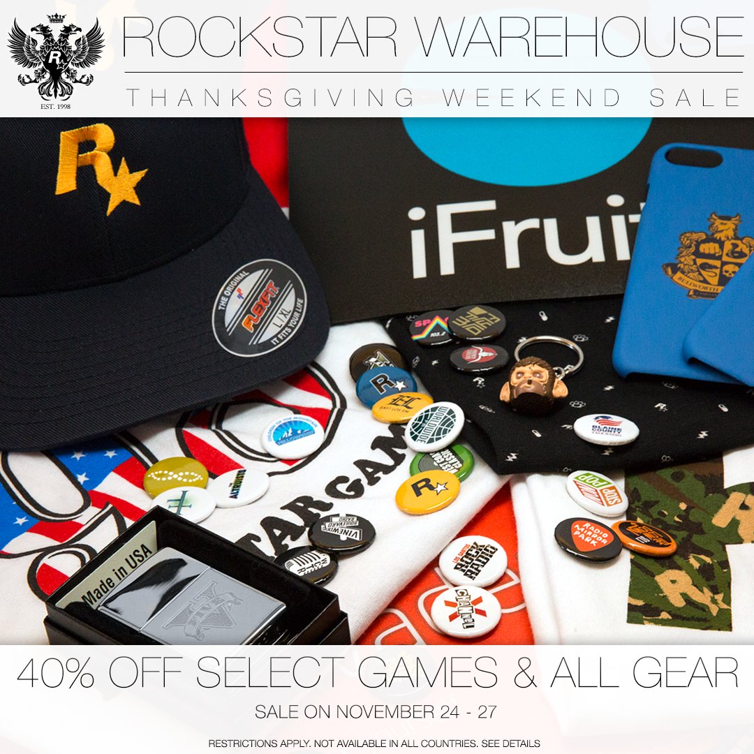 This Friday through Monday (Nov 24th - 27th) take advantage of 40% off select games and ALL gear and collectibles in the annual Rockstar Warehouse Thanksgiving Weekend Sale: rsg.ms/4bd88df