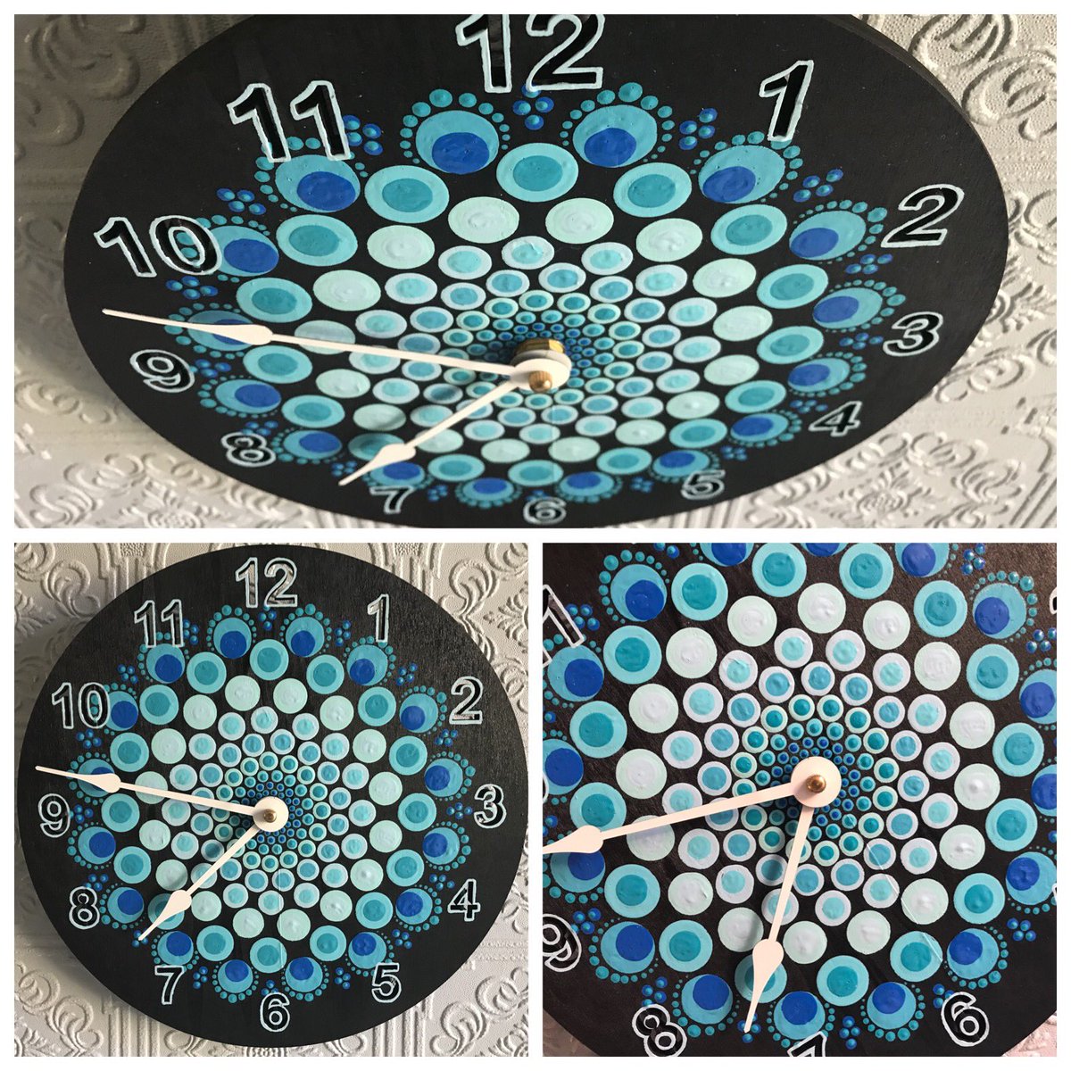 MZjaci's tweet photo. https://t.co/CnttsRWJLz I’m always excited to paint on something new. Check out this awesome wall clock. A perfect gift for the holidays. Now available for purchase in my etsy shop. #stippledglass #wallclock #holidaygifts #preteengifts #mandala #dots #dotmandala #shadesofblue https://t.co/XcjH4D8DTf