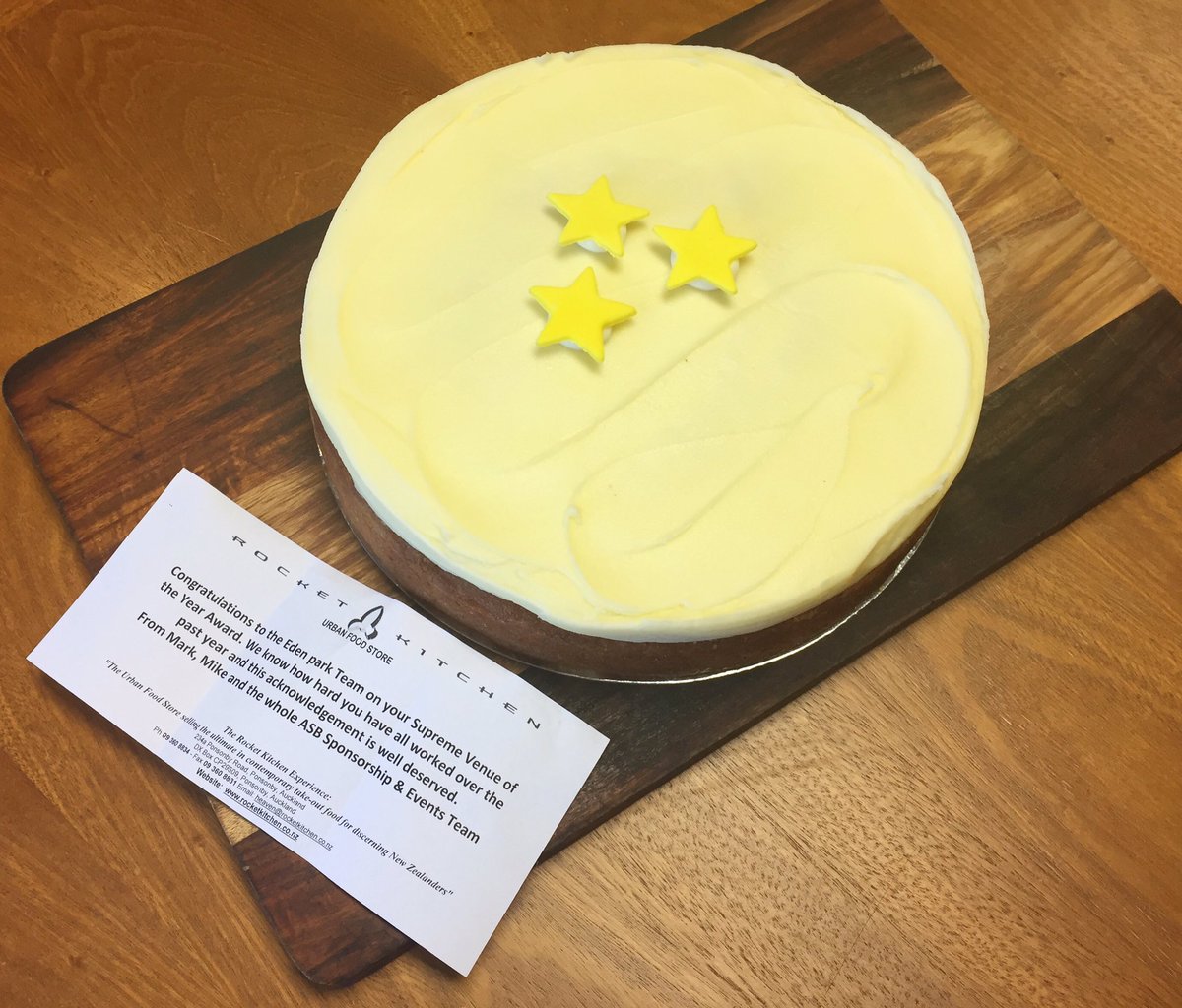 edenparknz's tweet photo. Thank you @asbbank for the congratulatory cake, much appreciated #edenparknz #ASBbank #congratulations #cake #awards @rocketkitchen https://t.co/zDxxXmpQML