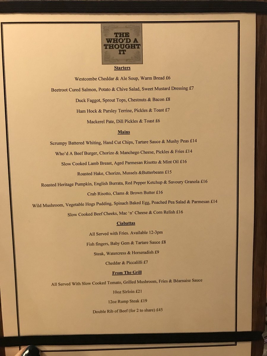 TheWhodA's tweet photo. NEW MENU launched tonight! What to choose?! #decisions #newmenu #tastytasty #pubfood https://t.co/BJ1c6OWWa2