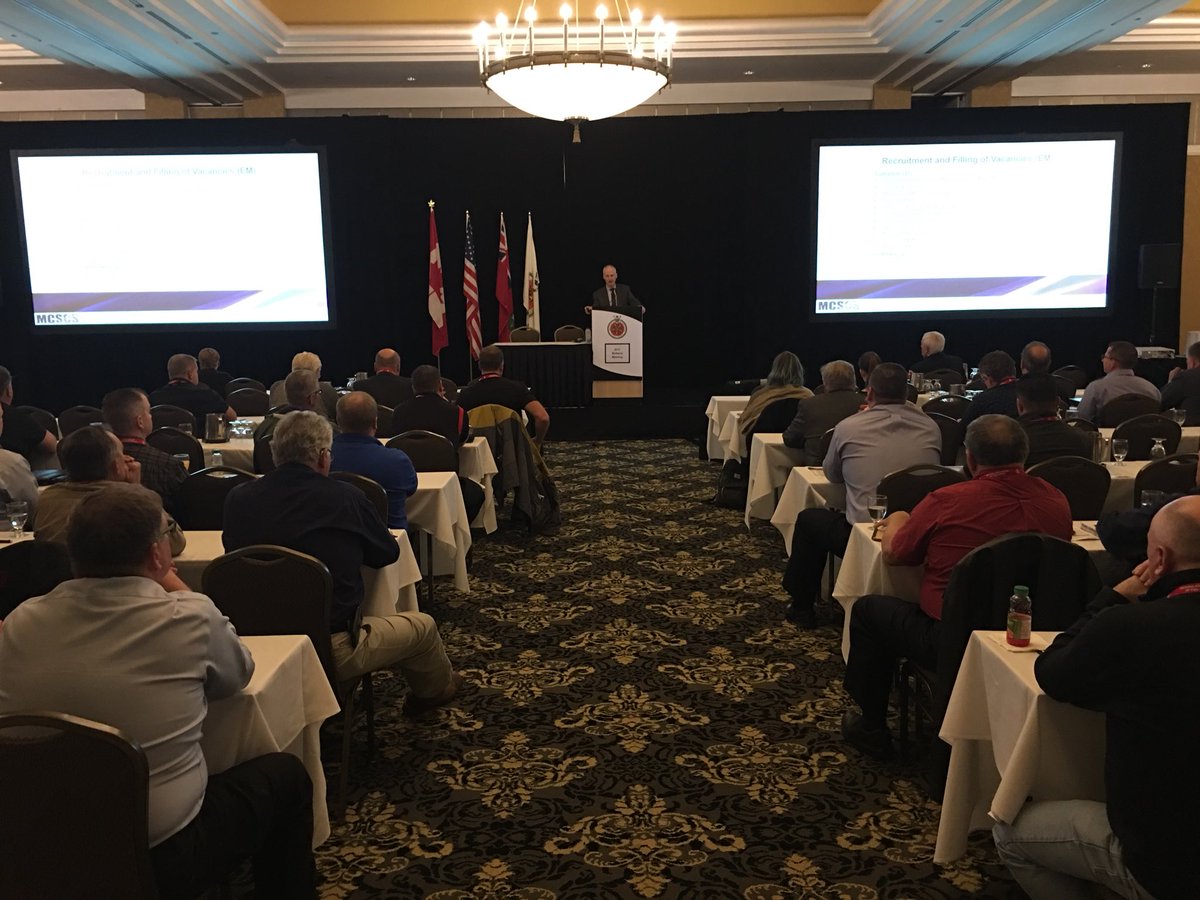 ONFireChiefs's tweet photo. Fire Marshal @_rossnichols addresses ONT’s fire service leaders - he’s talking incident management, NFPA standards, HIRA, nuclear emergency response plans, recruitment, Fire Safety Technical Table and more #Midterm17 |  Thanks for the #OFMEM update! https://t.co/lCh4dp3HTB