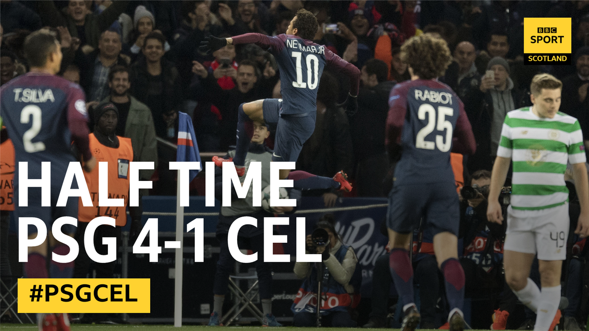 BBCSportScot's tweet photo. ⚽️ HALF TIME: PSG 4-1 Celtic
Celtic took the lead in the first minute, then PSG turned on the style.
📻 Sportsound on BBC Radio Scotland 810MW, digital & https://t.co/a6pfm9Nwhz
#PSGCEL https://t.co/50iRGztujb