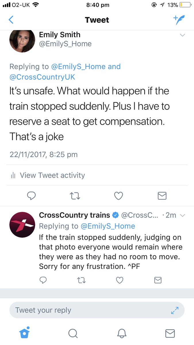 EmilyS_Home's tweet photo. Thank god for the over crowded trains. I feel so much safer @CrossCountryUK https://t.co/WANV1iBBAY