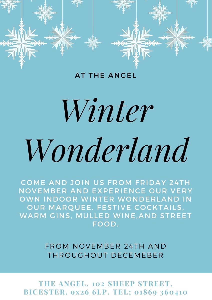 This weekend come and visit our Winter Wonderland in our outdoor marquee, festive cocktails and mulled wine. Also running at weekends throughout December #angelbicester #cocktails #craftbeer ❄️🍷
