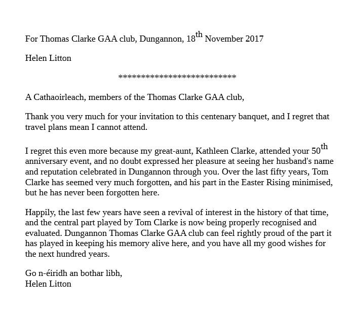 DgnClarkeGFC's tweet photo. This is letter from Helen Litton - grand niece of Kathleen Clarke, Thomas Clarke's wife, that was read out on Saturday night at our Centenary Gala... @teamtalkmagLIVE #clarkes100 https://t.co/brwAn4q03p