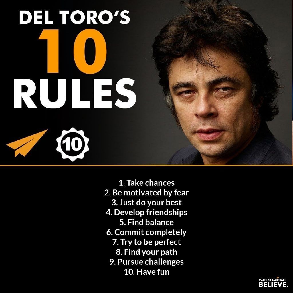 EvanCarmichael's tweet photo. Benicio del Toro's Top 10 Rules #Fear #Friendships #Perfect #Challenges #Believe https://t.co/NmlAZlOYRy
