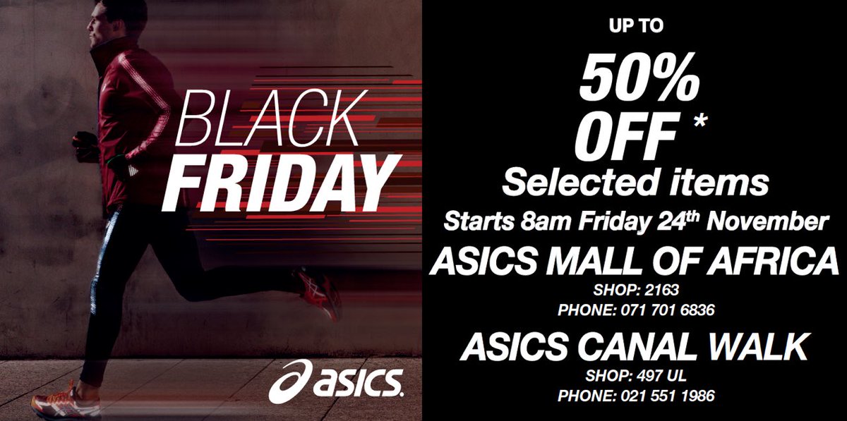 ASICS_ZA (@asics_za) on Twitter photo Get up to 50% off selected items at our <a href="/MallOfAfricaSA/">#MallOfAfrica</a> & <a href="/canal_walk/">Canal Walk</a> retail stores on #BlackFriday! Don’t miss out... Get up to 50% off selected items at our <a href="/MallOfAfricaSA/">#MallOfAfrica</a> & <a href="/canal_walk/">Canal Walk</a> retail stores on #BlackFriday! Don’t miss out...