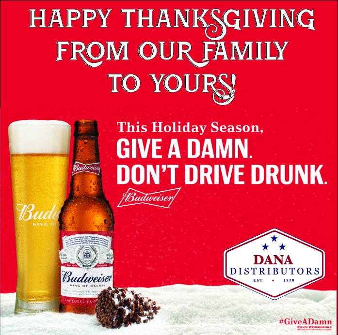 DanaDistributor's tweet photo. Happy Thanksgiving From Your Friends At Dana Distributors!
#thanksgiving #friendsgiving #danadistributors #giveadamn #alertcab #orangecounty #rocklandcounty #sulivancounty #barpromotions #budlightpromo #budweiserpromo #likeus #followus #facebook #snapchat #instgram #twitter https://t.co/f2ID6oUDpo