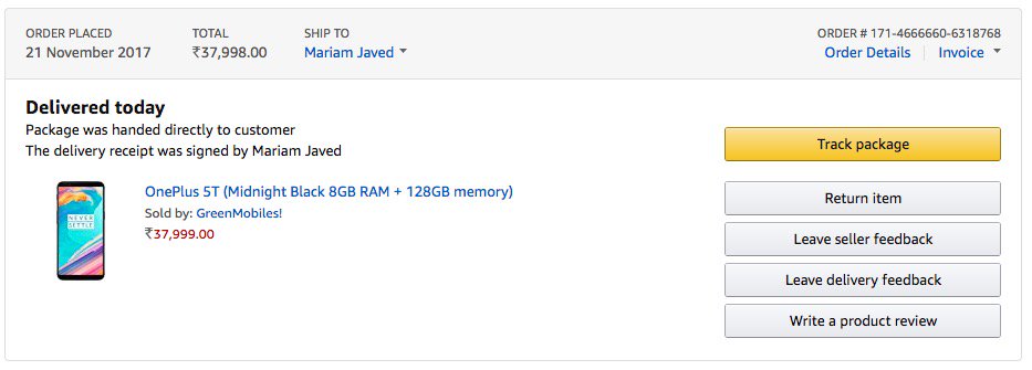 sansor's tweet photo. Amazon you got to know how to deal with your old customers. This is really ridiculous to receive "All Out Rs 336" in place of "One Plus 5T 128 GB Rs 37999" . @amazonIN #fraud . On top of it, you are asking link my to add my aadhar to initiate inspection. https://t.co/jvOAJaGVlE