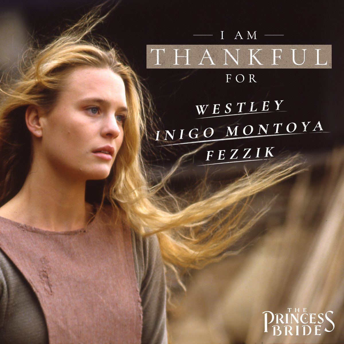 AmazonMGMStudio's tweet photo. What are YOU thankful for? Happy Thanksgiving from the #PrincessBride.  https://t.co/1eJnZx4MmA https://t.co/WvwuFbIbqu