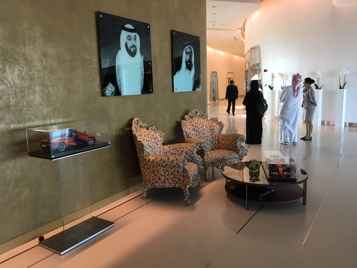 amalgamofficial's tweet photo. Getting settled into the lobby of the @YasViceroy Abu Dhabi and watching the world of F1 stroll by as the evening settles on the @ymcofficial Circuit. #AbuDhabiGP #720s #SF70 https://t.co/oBkNg2nlzZ