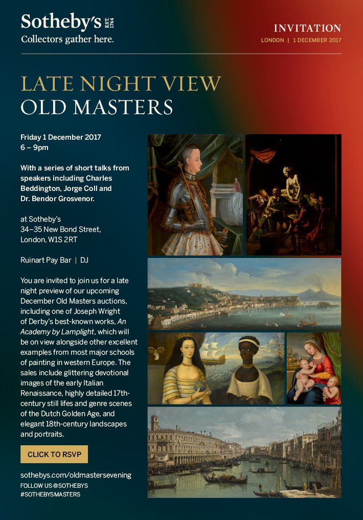 Sothebys's tweet photo. Preview our #OldMasters sales after dark in a spellbinding #LateNightView in #London, next Friday 1 December. Register for tickets here! https://t.co/GyDn0TaTBc #SothebysMasters https://t.co/TZDnoj7WJy