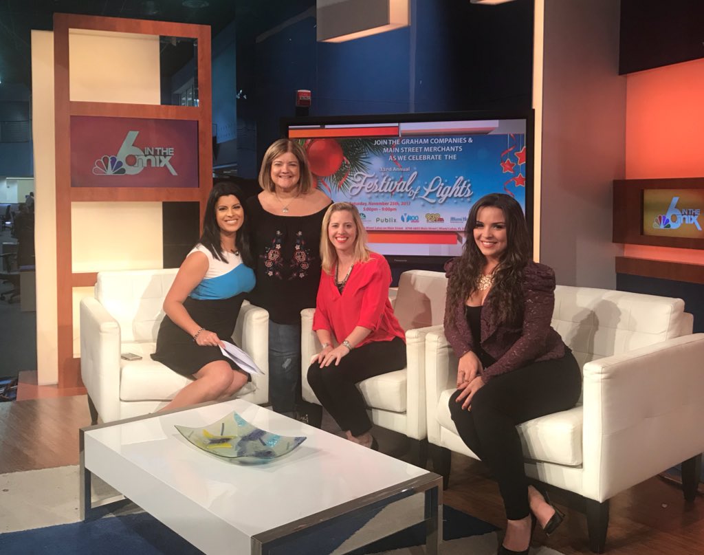 CauseMoGirl's tweet photo. A HUGE thank you to @RoxyNBC6 @nbc6 6 for having Andrea Graham from The Graham Companies and @939MIA @GiGiDiazLIVE on Six In the Mix. Make sure you come on our to the 33rd Annual Main Street Festival of Lights this Saturday 11/25. #MainStreetFOL #CauaeMovers #iHeartMiamiLakes https://t.co/xkAhQSFIZr