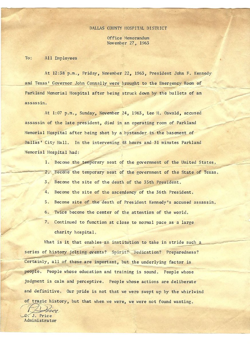 LettersOfNote's tweet photo. Days after JFK died, the hospital to which he and his killer had been taken sent this memo to their staff.

(More: https://t.co/qMVRGMyEuj) https://t.co/WaZ04DZazm