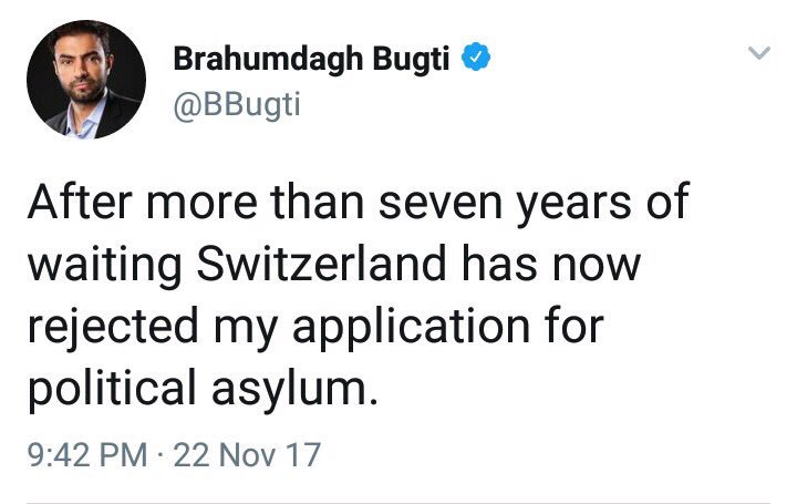 PakSarfrazbugti's tweet photo. No sovereign state in the world provides shelter to a person who has been responsible for killing thousands of innocent civilians. I am personally thankful to @HOfSwitzerland for acknowledging the fact that @BBugti is involved in terrorism by rejecting his asylum request. https://t.co/Jvj3yWnB5y