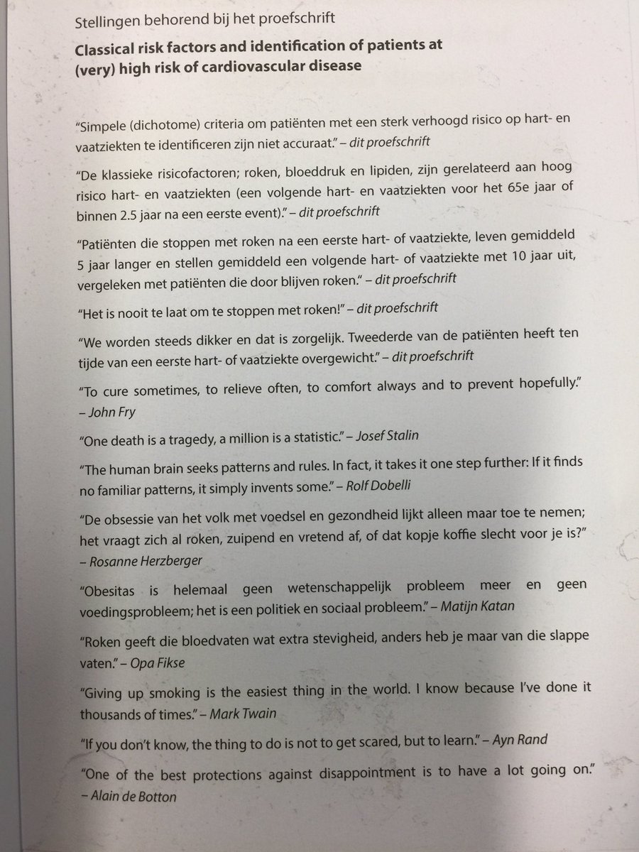 Proefschrift: 

Patienten die stoppen met roken na een infarct leven gemiddeld 5 jaar langer en stellen een volgende hartaanval of vaatziekte met 10 jaar uit: