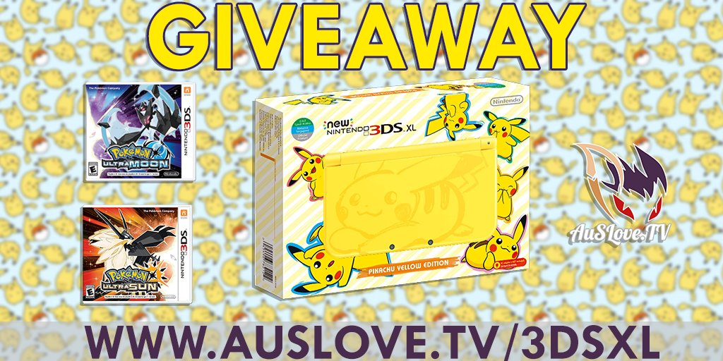 AuSLoveTwitch's tweet image. GIVEAWAY - PIKACHU EDITION - New Nintendo 3DS XL &amp;amp; Pokemon Ultra Sun and Ultra Moon

Retweet and Click The Link To Join: auslove.tv/3dsxl/  &amp;lt;== 1 Winner!

Hosted By: twitch.tv/auslove/ [Join For Shiny Wonder Trades]