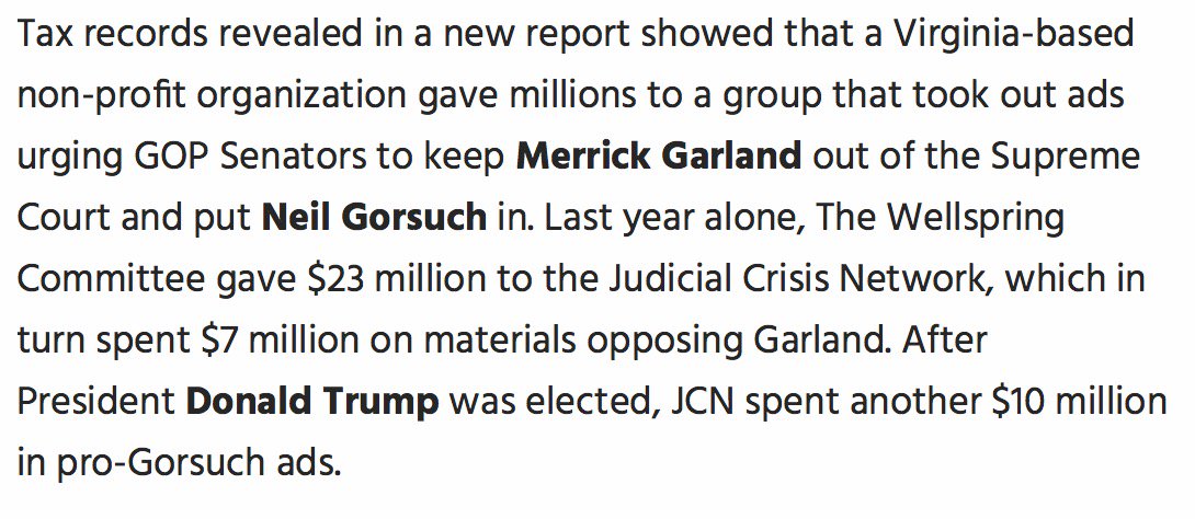 MassD's tweet photo. "Mystery Donor Gave $28 Million to Help Get #Gorsuch on Supreme Court" #SCOTUS #NeilCorkery #AnnCorkery
'#WellspringCommittee  isn’t required to disclose who their donors are, since they are a social welfare organization.'  
https://t.co/SkuDX9Z25g https://t.co/1m6WAixfsH
