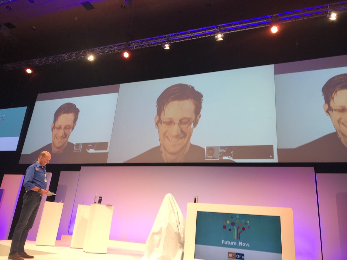 MichaelSchoeck's tweet photo. Great talk from Edward #Snowden live at #JBFOne2017 #StayFree https://t.co/CMvau6xIia
