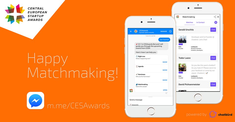 cesawards's tweet photo. Want to meet other startup enthusiasts at the Grand Finale Day? We're introducing our Matchmaking Event Bot #Chatbird! Meet others & have all event information at your fingertips. Start matchmaking by writing to the #CESA2017 Page or by following https://t.co/p99NVktVQa. https://t.co/F1gUT9B6Q9
