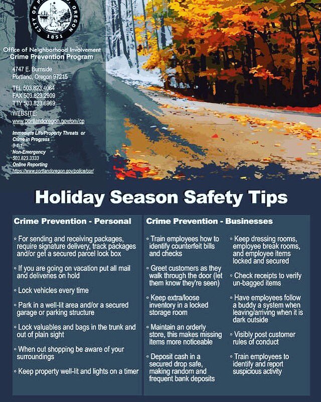 threewindspdx's tweet photo. Check out these great  #holidaysafetytips from @notifypdx office of neighborhood improvement. Stay safe this holiday season. @threewindspdx @tjbowlingpdx @nextdoor https://t.co/UI9Fw62FmT