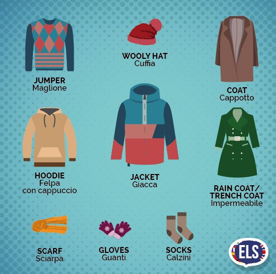 ELS_Meldrum's tweet photo. Sta arrivando il freddo: ripassiamo il nome di alcuni capi invernali. #Englishwords #ELStips #outfit https://t.co/hIb9niWpqh