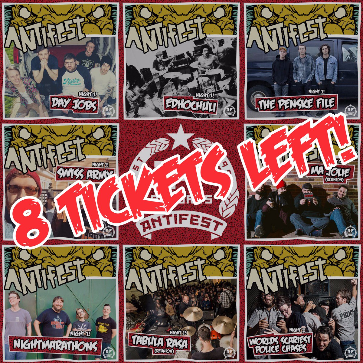 If you've been waiting to get your tickets to ANTIFEST Night 1, wait no longer! There are only 8 left and we do not expect to have any extras at the doors! This is your last opportunity before it's all sold out!
a-frecords.limitedrun.com/products/60292…
