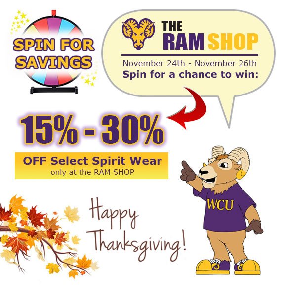 WCUramshop's tweet photo. Stop by and Spin for savings at the Ram Shop November 24-26th https://t.co/gATEWJYVNe